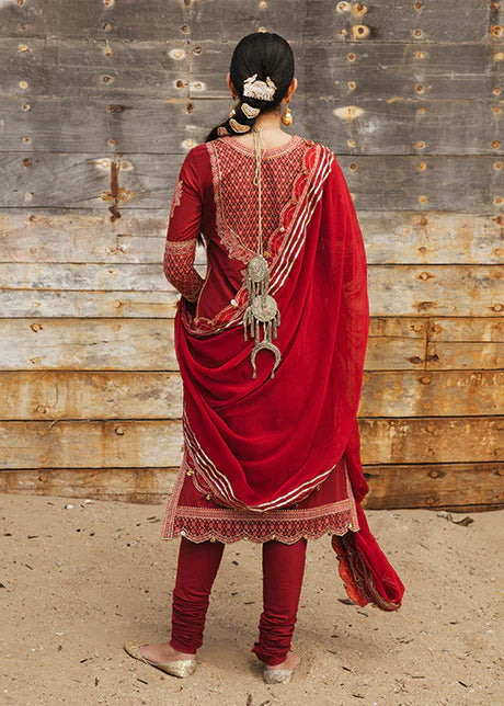 Back view of Hussain Rehar maroon Pakistani suit showing intricate embroidery and dupatta draping