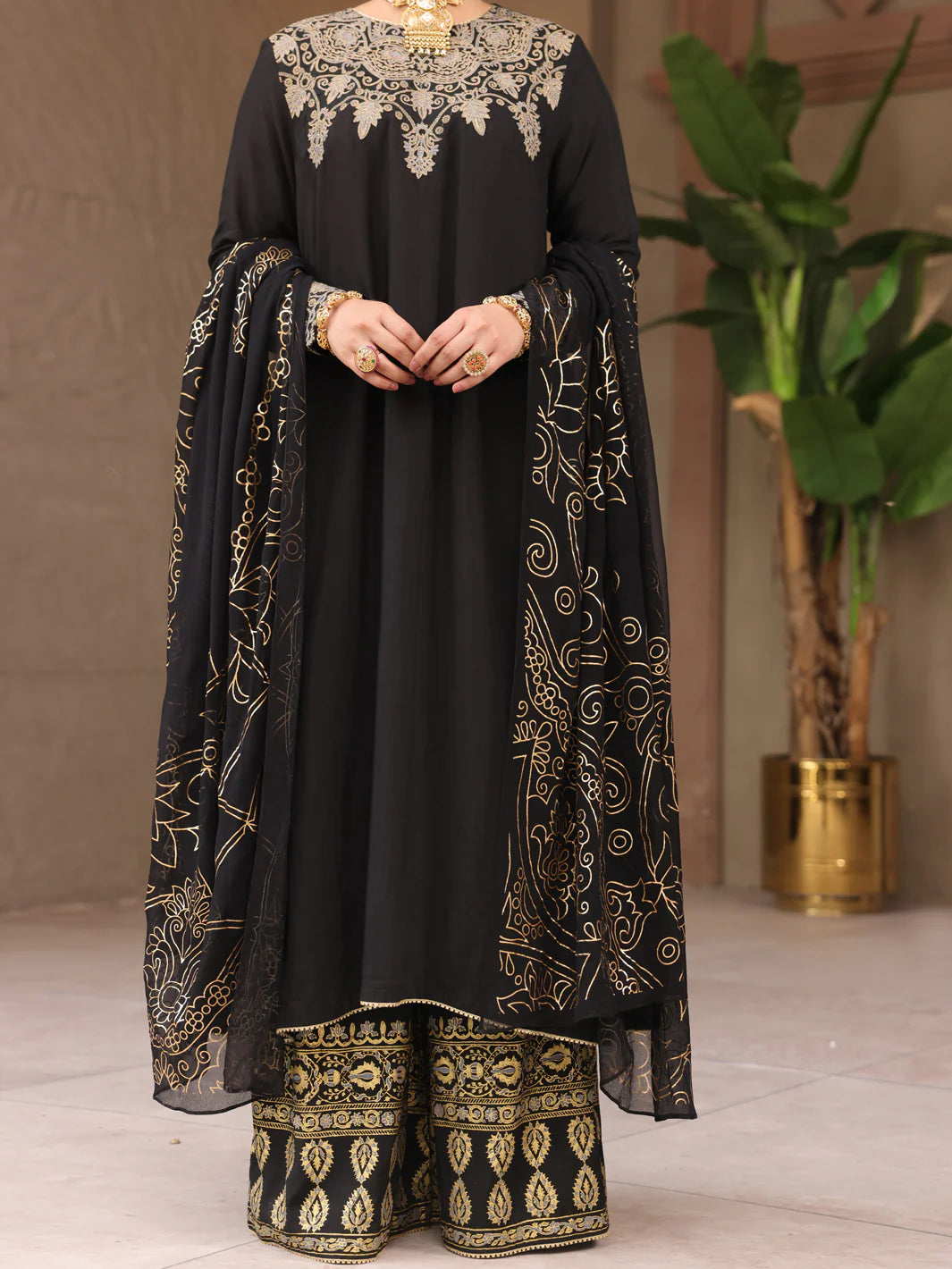Shop Pakistani suits in Canada with this stylish black viscose 3-piece suit from Almirah, perfect for semi-formal events.