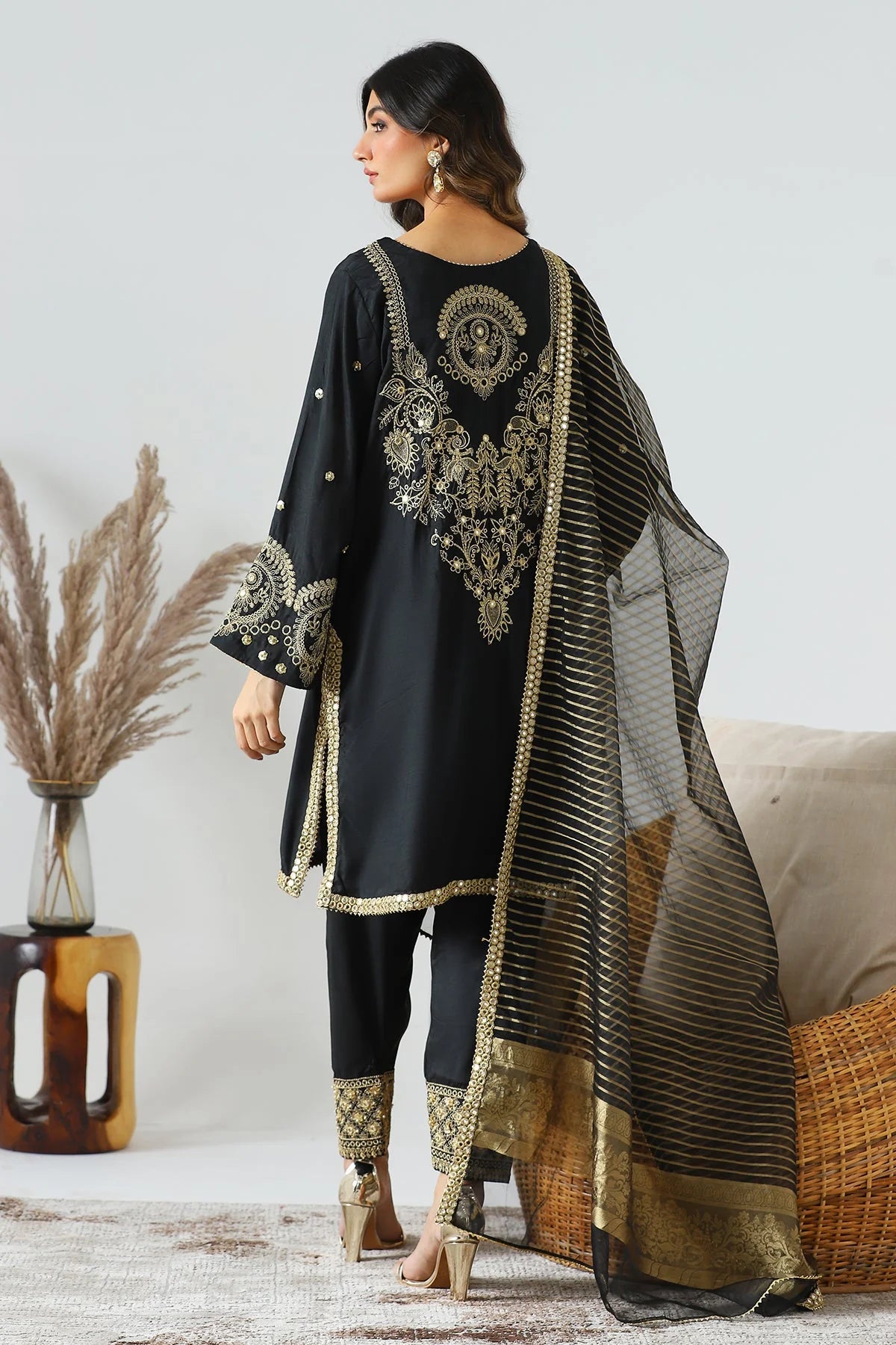 Charizma black embroidered 3PC raw silk suit – a premium choice for Pakistani suits online in Canada, perfect for semi-formal wear.
