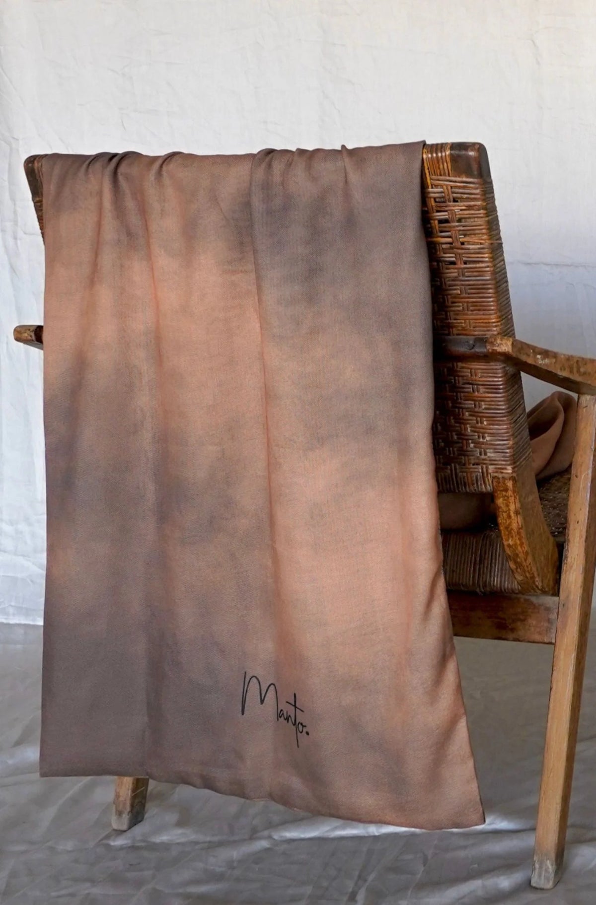 Full view of Manto Karvaan light brown stole with Allama Iqbal Arabic calligraphy - double-sided Pakistani men's scarf