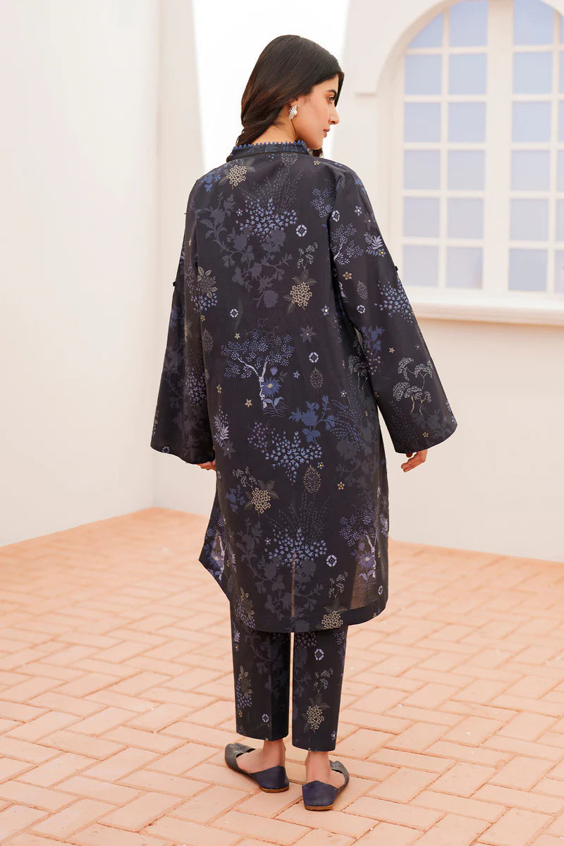 Rear view of Baroque's black olive printed lawn suit, a fashionable pick for Pakistani suits online in Canada.