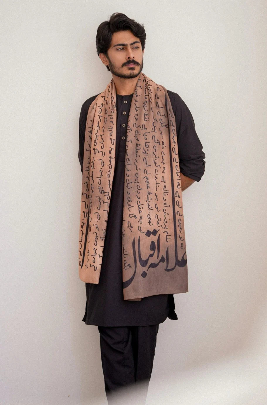 complete view of Manto Karvaan light brown stole showing Arabic calligraphy pattern - men's Pakistani fashion Canada