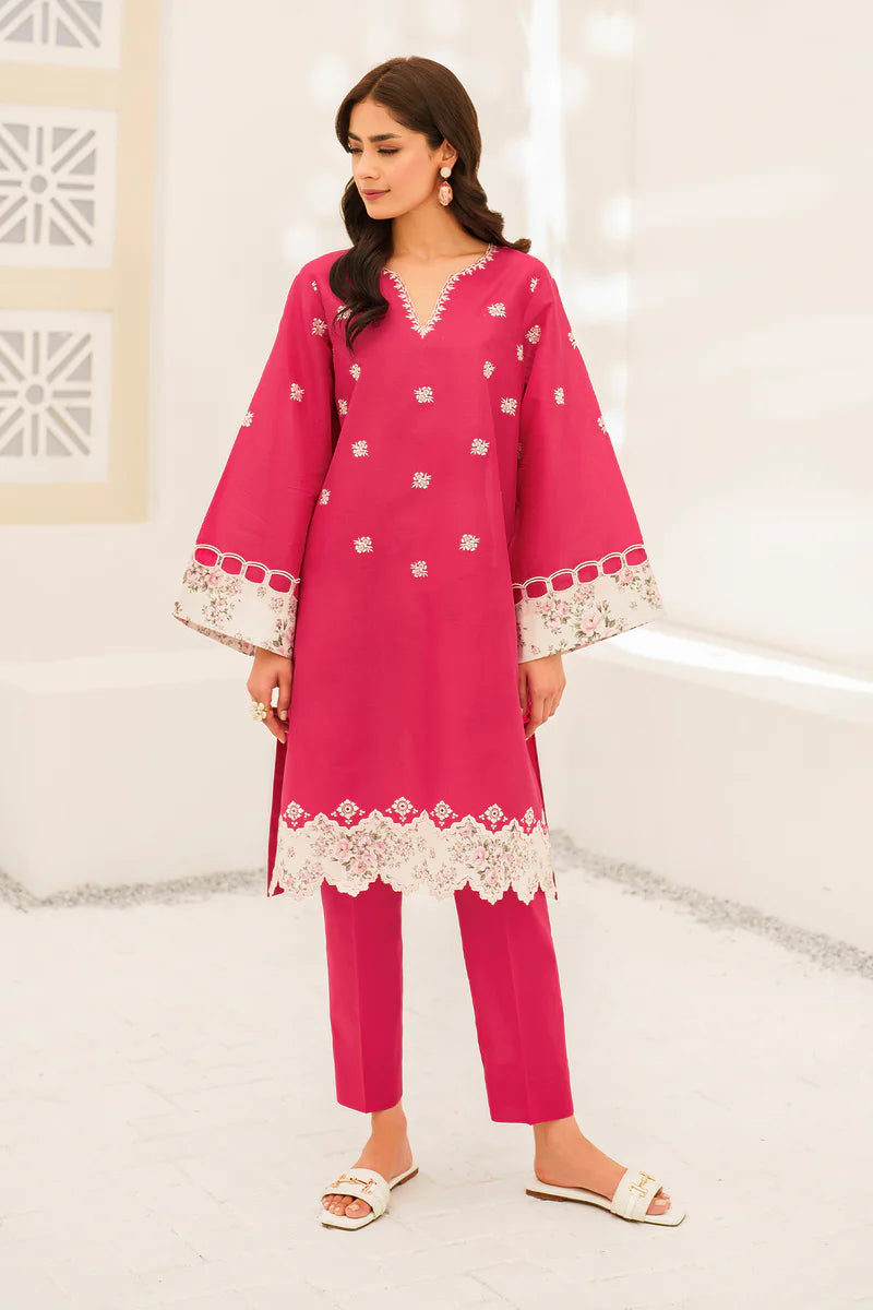 Shop Pakistani suits in Canada with this elegant barbie pink embroidered lawn suit from Baroque, perfect for casual wear.