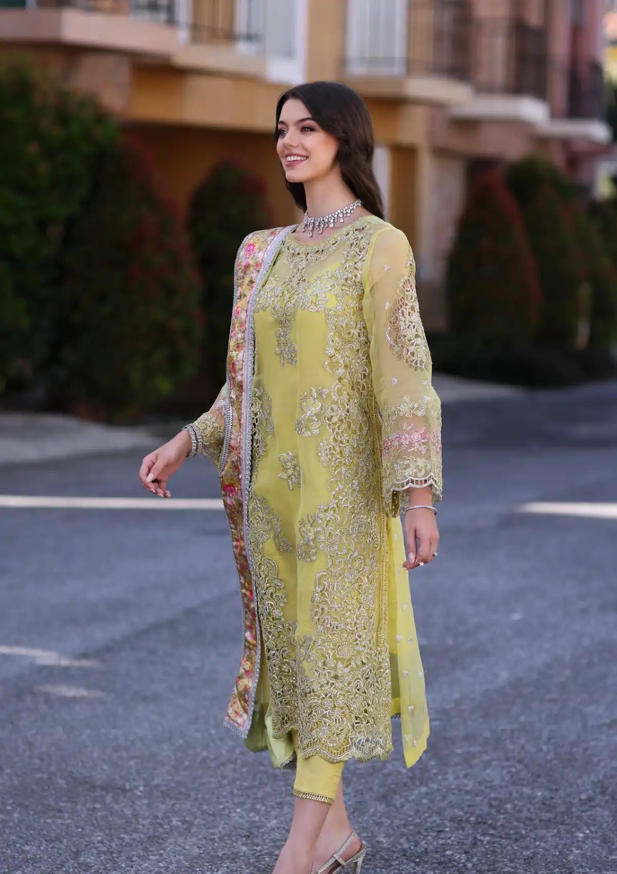 Brand 'Noor by Saadia Asad' - Dark Khaki Laserkari Chiffon 3-Pc Suit - NSA-265