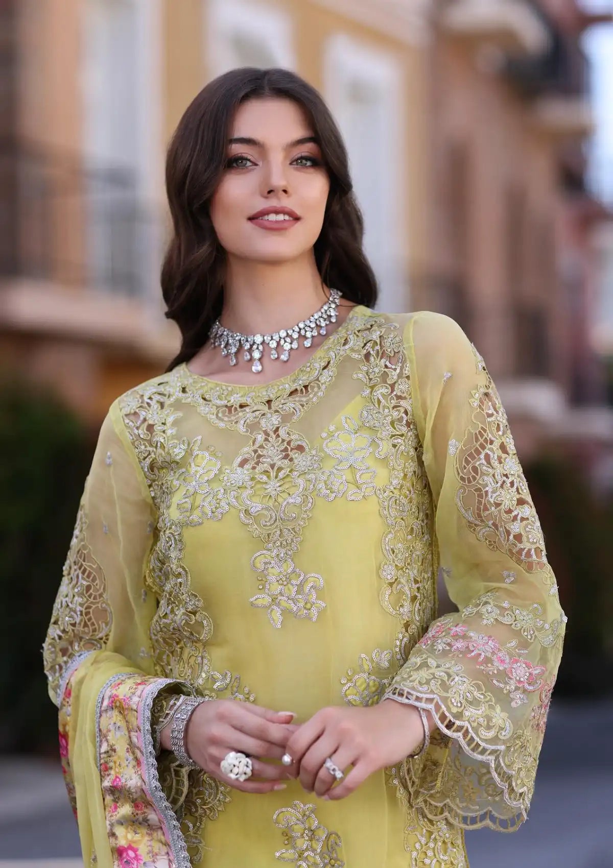 Brand 'Noor by Saadia Asad' - Dark Khaki Laserkari Chiffon 3-Pc Suit - NSA-265