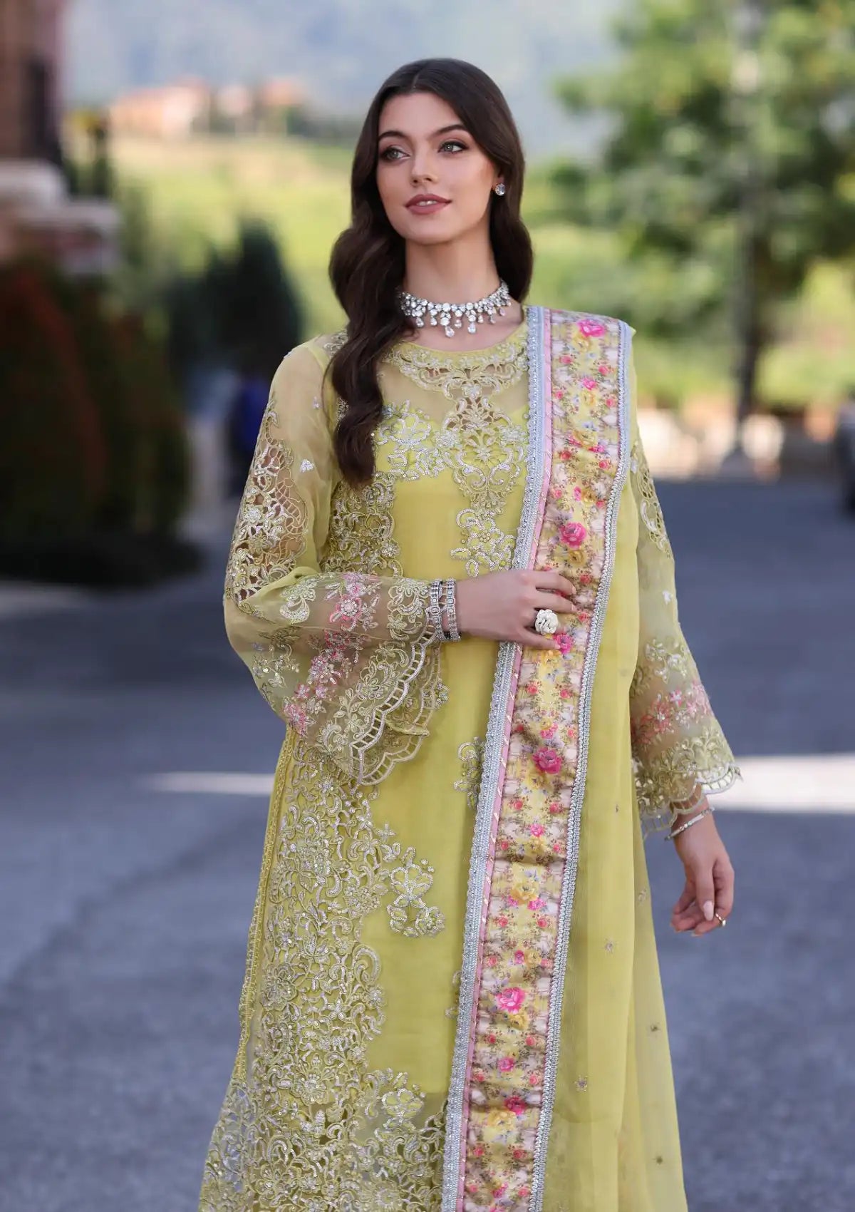 Brand 'Noor by Saadia Asad' - Dark Khaki Laserkari Chiffon 3-Pc Suit - NSA-265