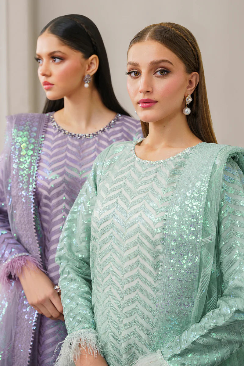 Elegant sea green net 3PC suit by Baroque – a premium addition to your Pakistani suits collection in Canada.
