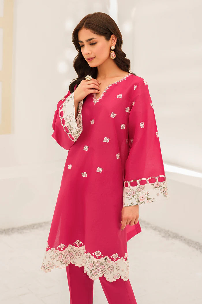 Punjabi suits from Baroque – elegant lawn 2-piece outfit in barbie pink with delicate embroidery and soft cotton trousers.