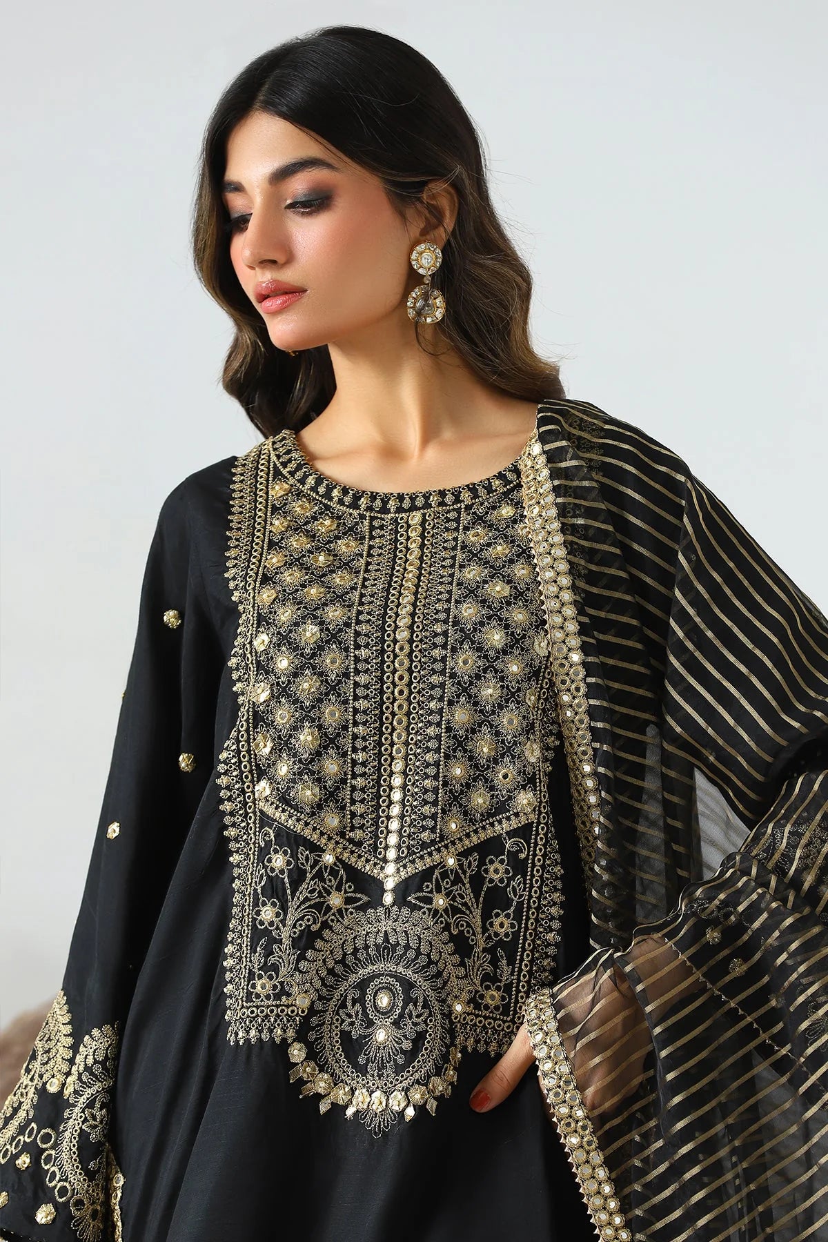 Detailed embroidery on Charizma’s black raw silk suit, highlighting the exquisite craftsmanship – buy Pakistani suits online in Canada.