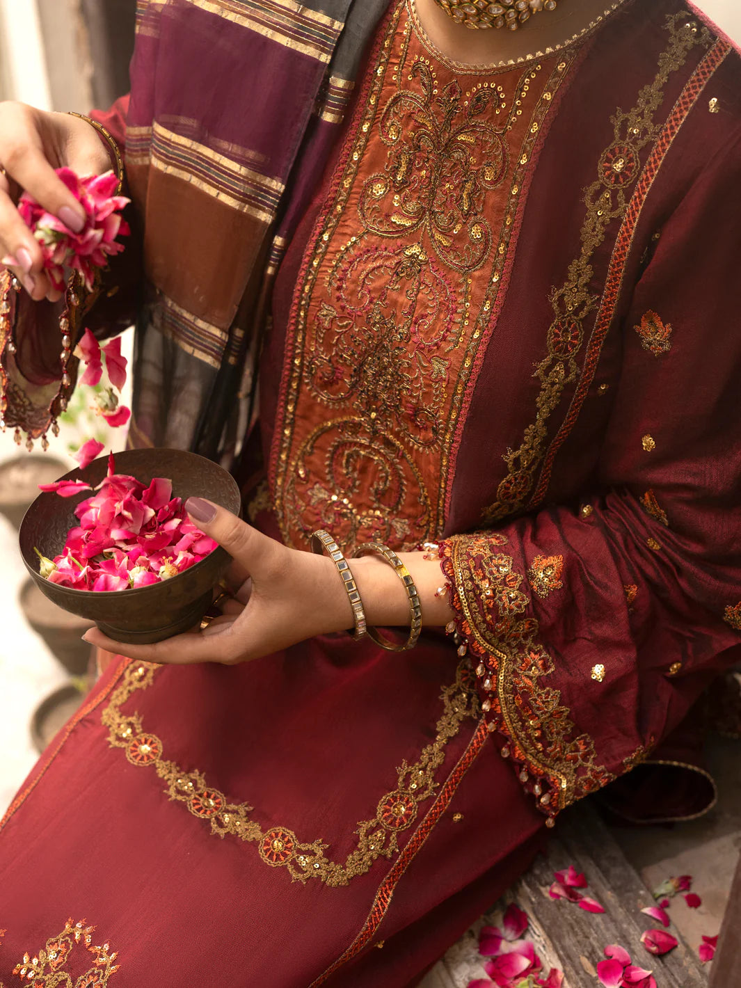 Maroon Khaddi Net 3 Piece Formal- ALM-73 - Tarz-e-Mashriq