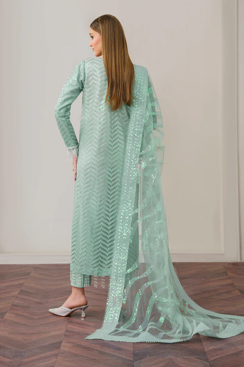 Back view of Baroque’s embroidered net outfit, highlighting the stunning embroidered details on the shirt and dupatta.
