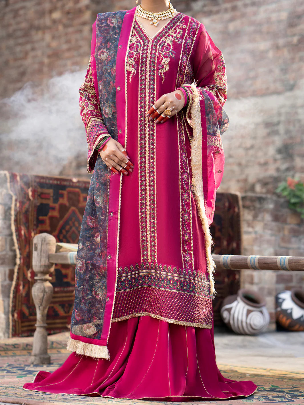 Fuchsia Khaddi Net 3 Piece Formal - ALM-78 - Tarz-e-Mashriq
