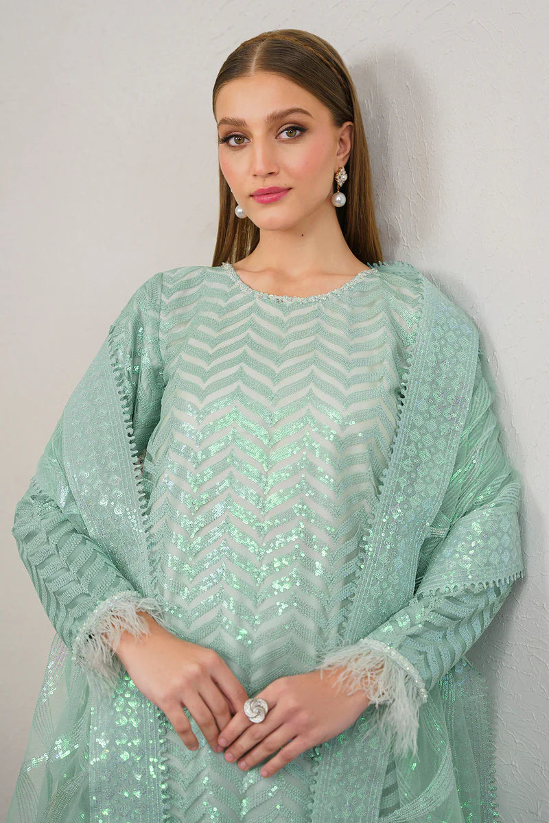 WOMEN WEARING Baroque sea green embroidered net 3PC suit – a luxurious choice for Pakistani suits online in Canada, perfect for formal occasions.