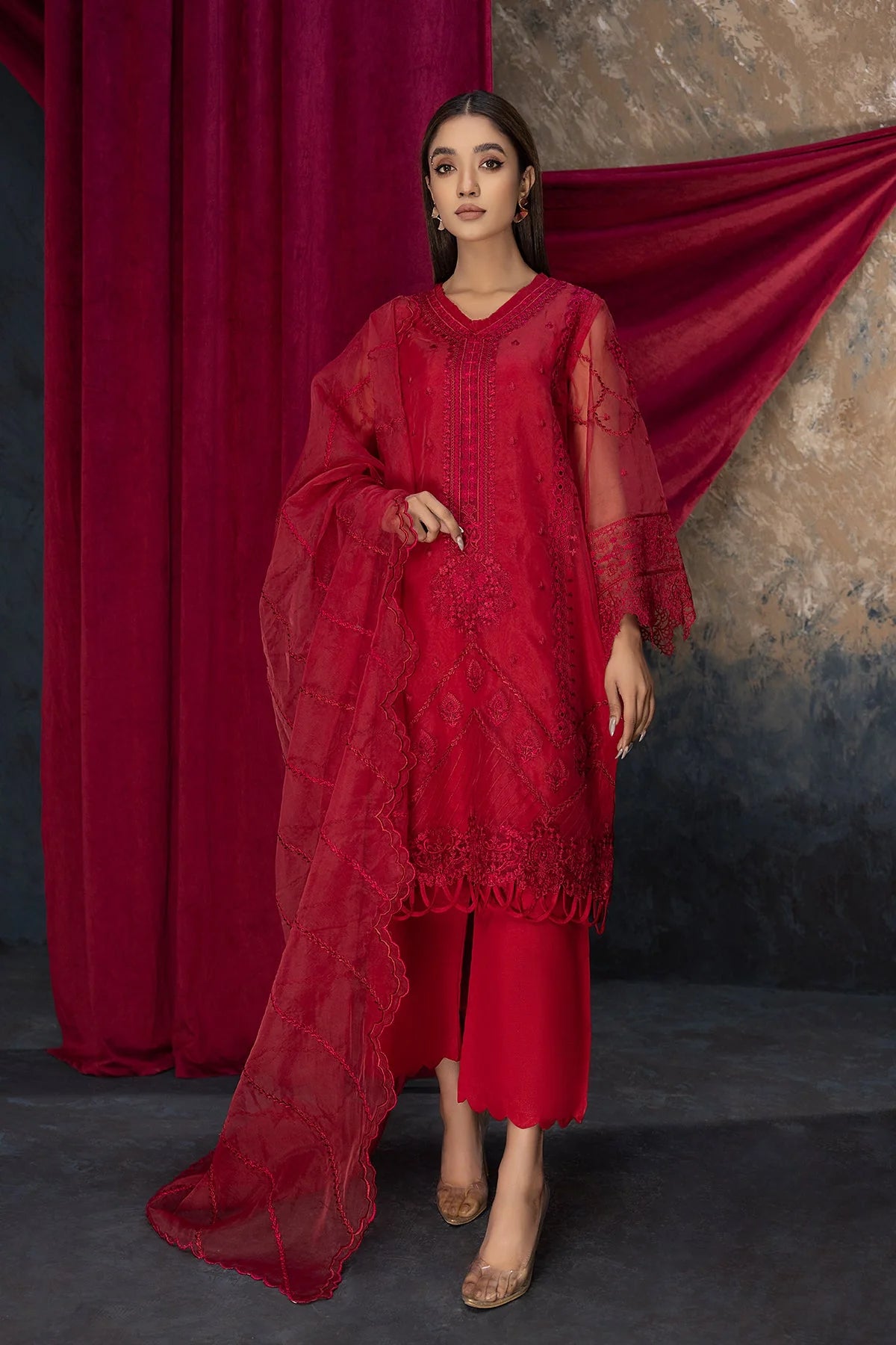 Elegant red embroidered 3-PC organza suit by Charizma, perfect for semi-formal wear – Pakistani suits online Canada.