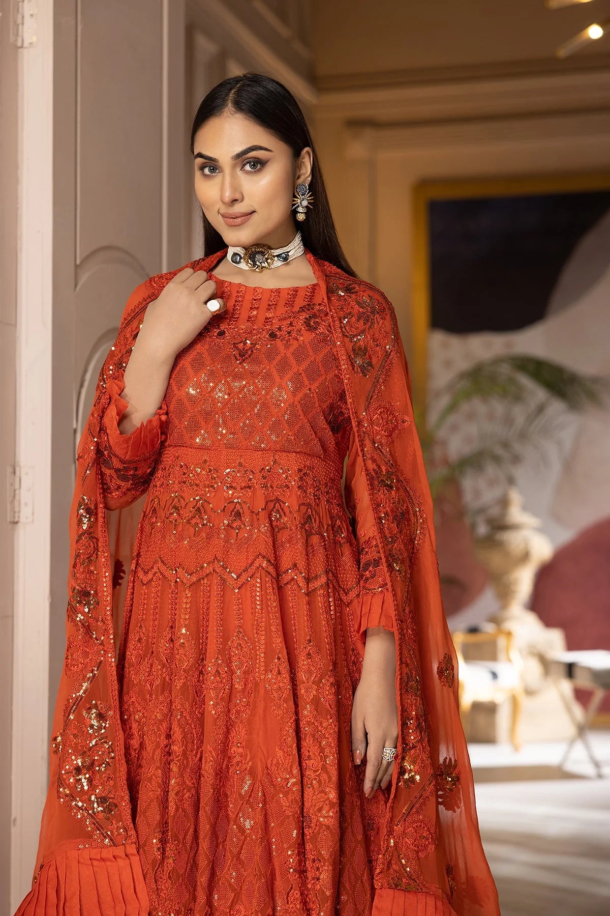 Shop Pakistani suits in Canada with this exquisite Charizma 4-PC embroidered chiffon and silk sharara set, perfect for festive occasions.