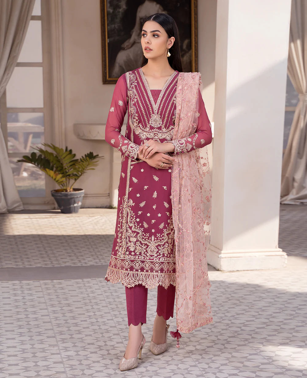 Front profile of the Xenia pink chiffon suit, showcasing intricate embroidery – a refined option for Pakistani suits in Canada.