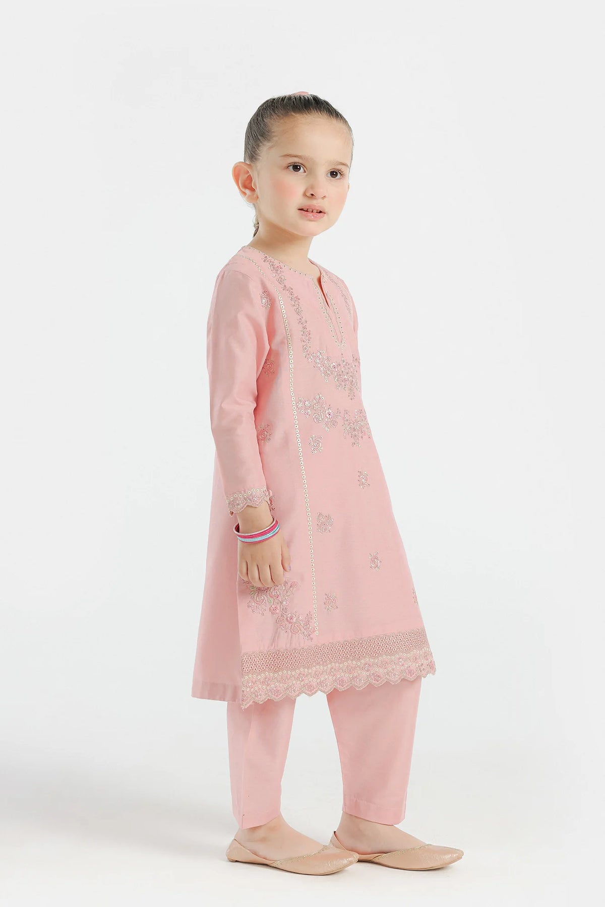 Detailed side embroidery of Ethnic’s powder pink embroidered suit – a premium choice for kids' Pakistani suits.