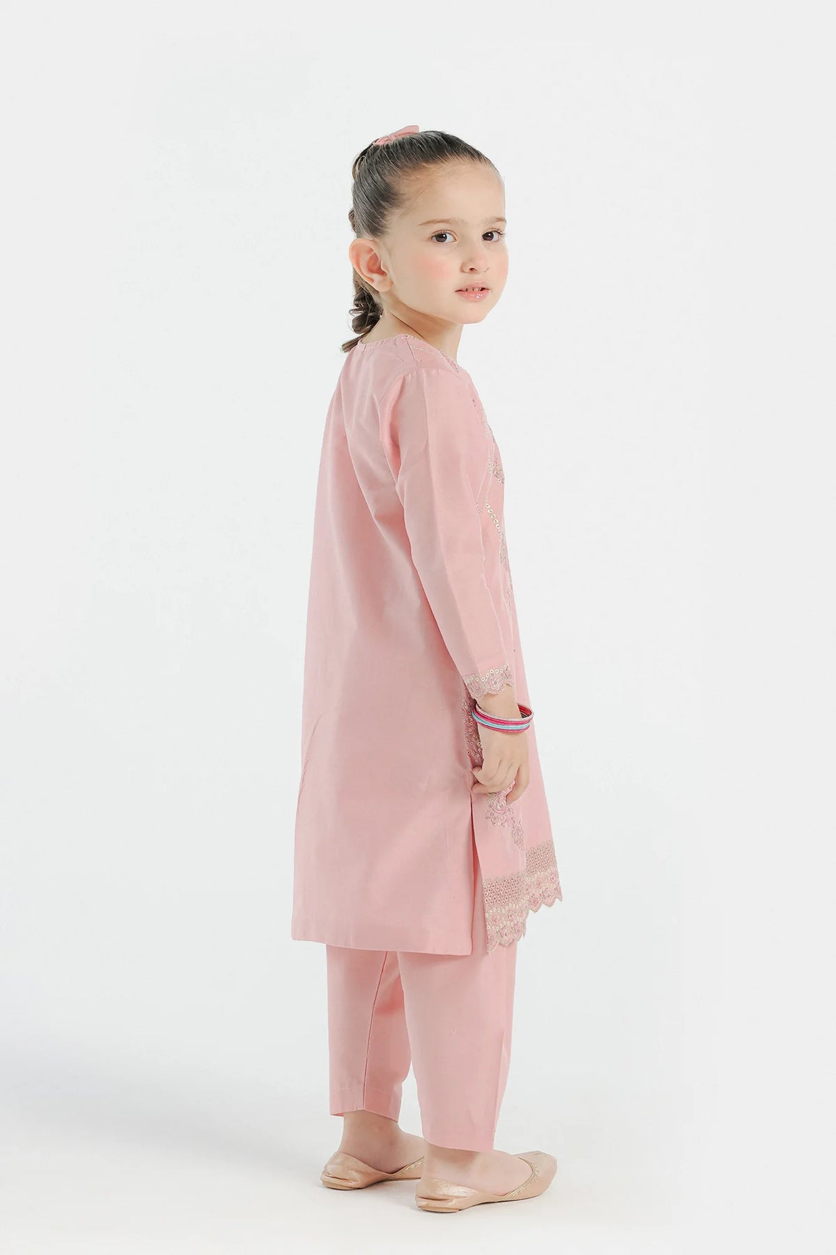 another Detailed back embroidery of Ethnic’s powder pink embroidered suit – a premium choice for kids' Pakistani suits.