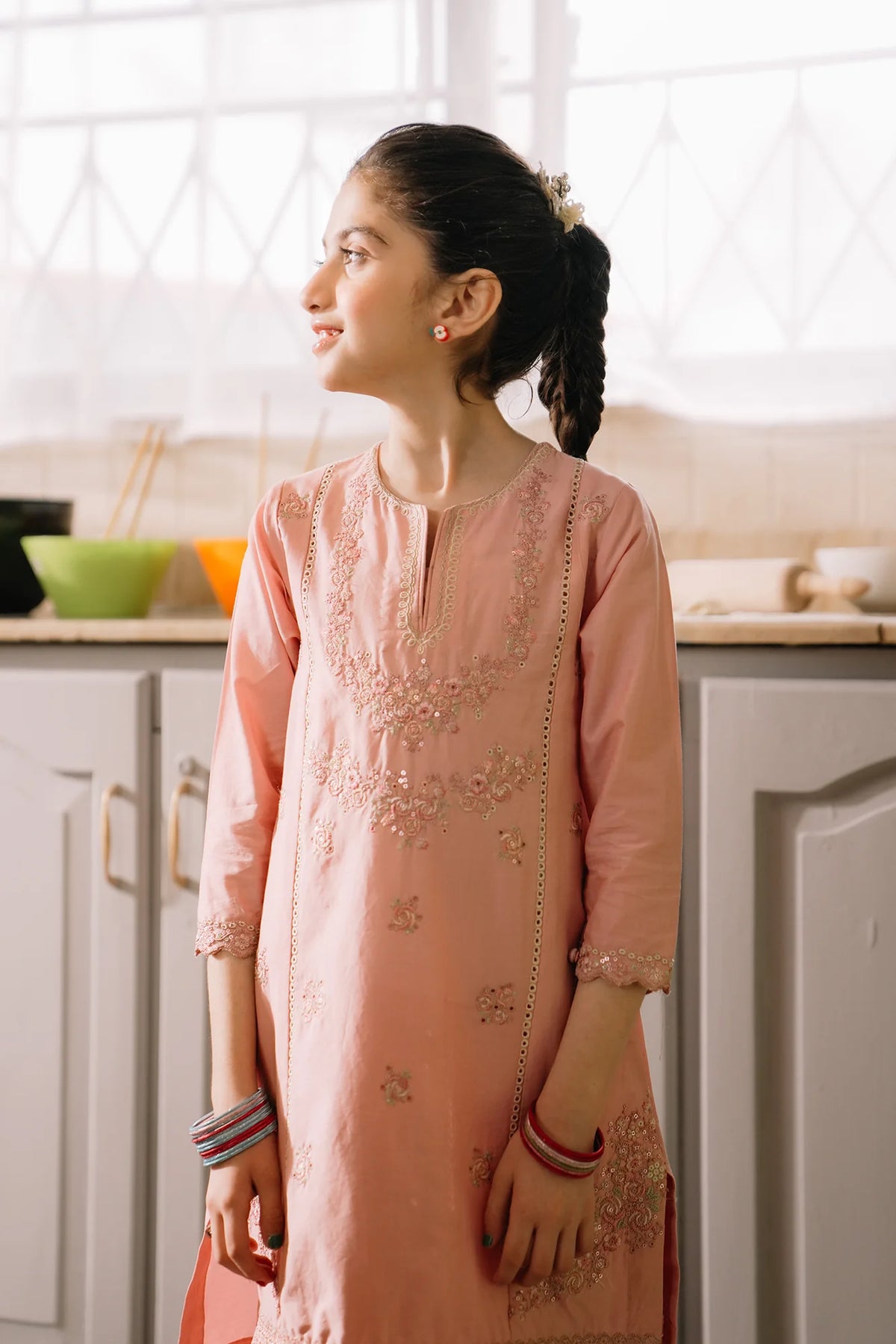 Shop Pakistani suits in Canada with this elegant powder pink embroidered suit from Ethnic, perfect for kids' formal occasions.