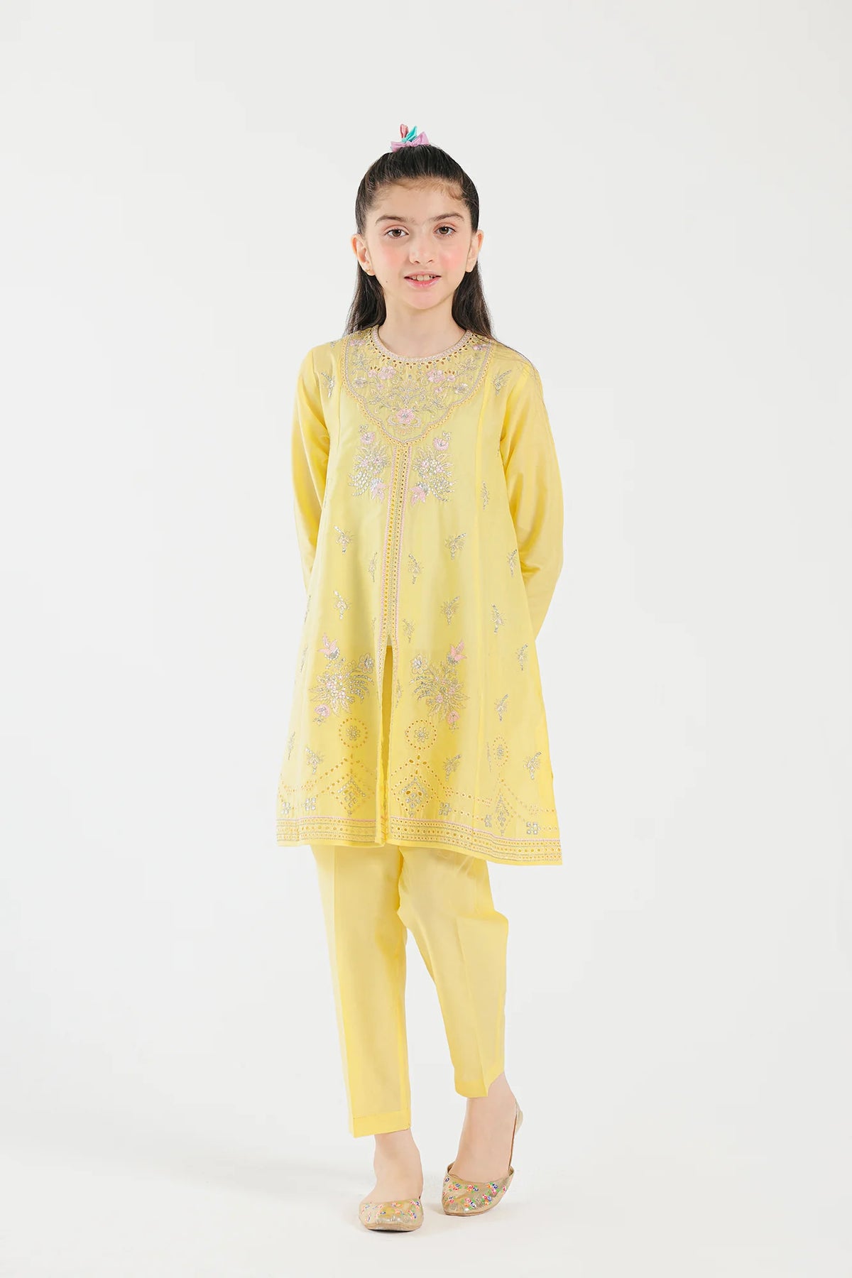 FRONT VIEW - Shop Pakistani suits in Canada with this elegant bright yellow embroidered lawn suit from Ethnic, perfect for kids' festive occasions.