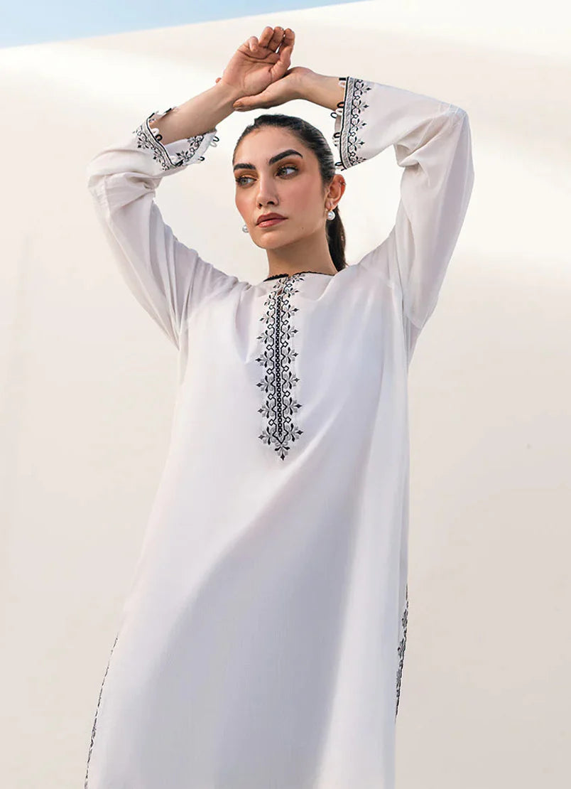 Punjabi suits Canada – White cotton shirt with detailed embroidery cascading down the hem and sleeves.