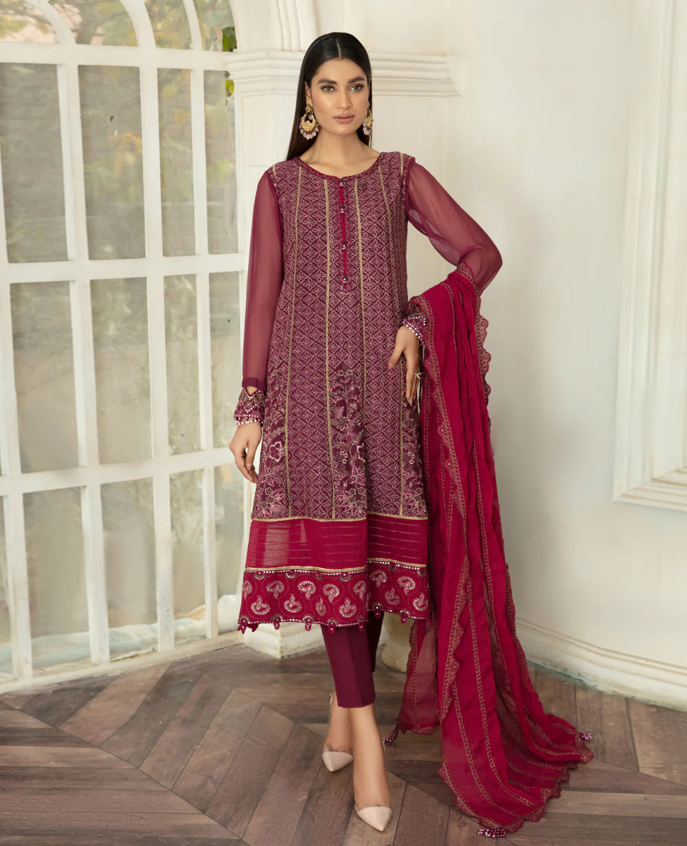 Xenia embroidered chiffon gown in middle red purple – a luxurious Pakistani suit online in Canada, paired with an organza dupatta and silk trousers.