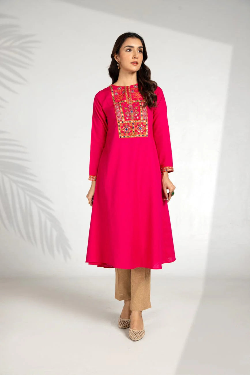 Vibrant shocking pink lawn karandi shirt by Chinyere – a stunning choice for Pakistani suits online in Canada. Available in medium and large sizes.