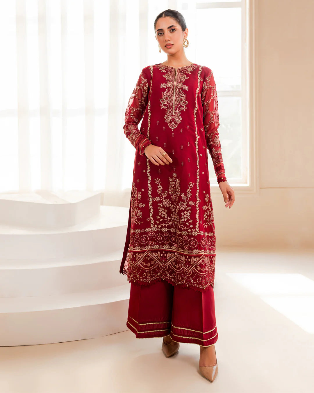 Embroidered Chiffon Shirt with Chiffon Dupatta and Raw Silk Trousers - Traditional Pakistani Clothing