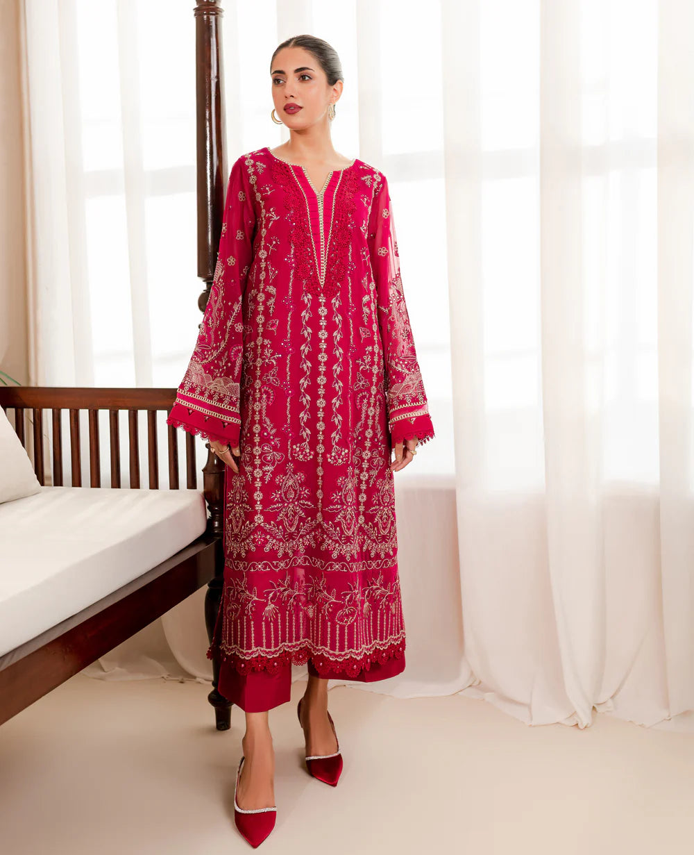 Xenia red embroidered chiffon suit – a stunning choice for Pakistani suits online in Canada, featuring intricate threadwork.