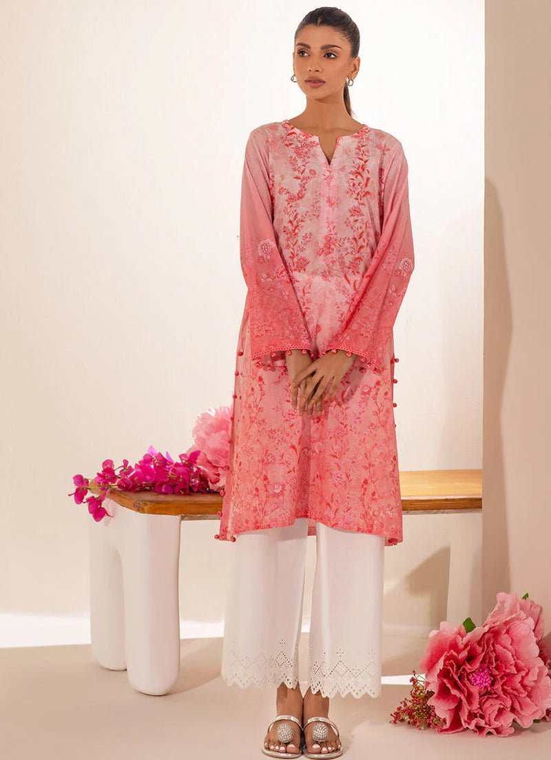 Peach floral printed kurta with intricate beadwork – a stylish choice for Pakistani suits online in Canada.