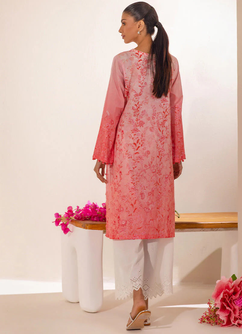 Back view of the floral printed peach kurta, made from breathable cotton – ideal for casual Pakistani fashion.