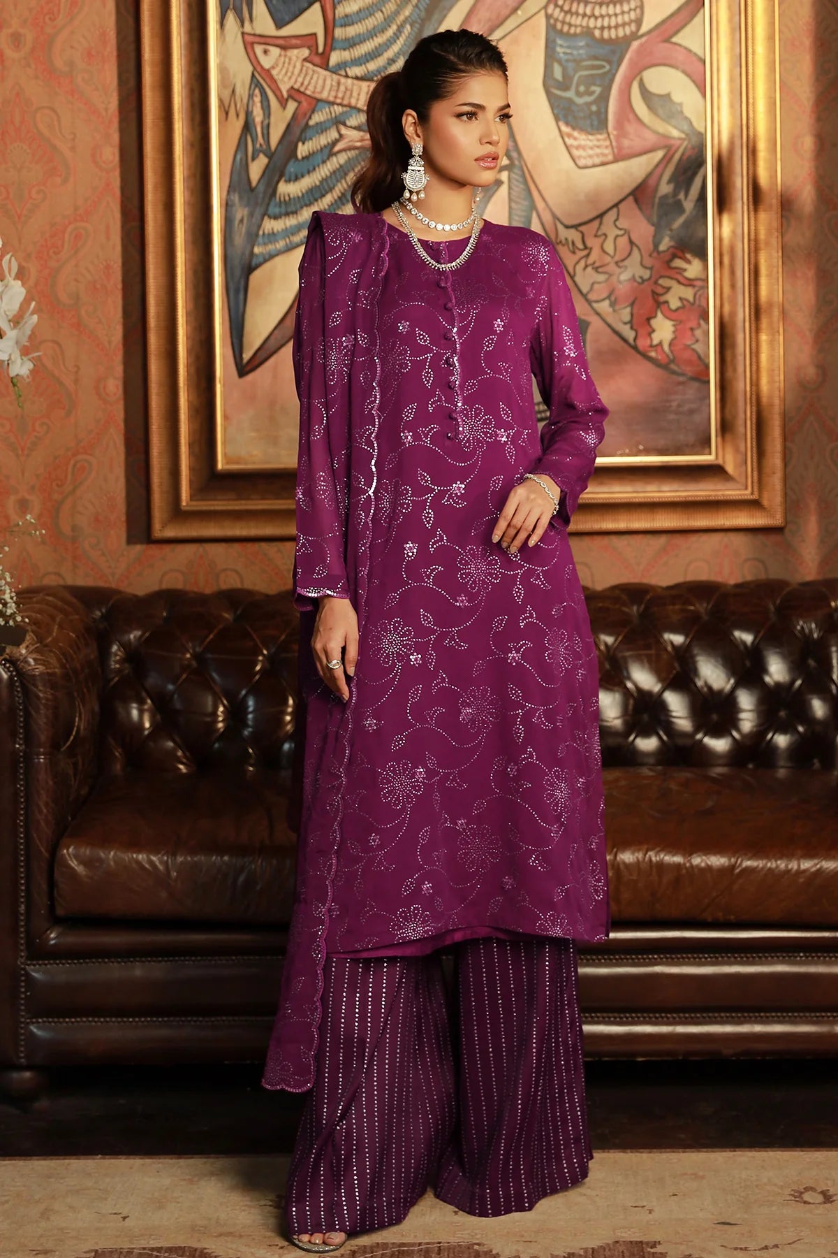 Kayseria elegant 3-piece georgette chiffon suit – a stunning choice for Pakistani suits online in Canada, featuring intricate embroidery.