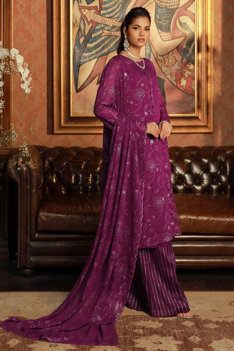 Experience the beauty of this Kayseria 3PC purple georgette chiffon suit – the perfect semi-formal Pakistani suit in Canada.