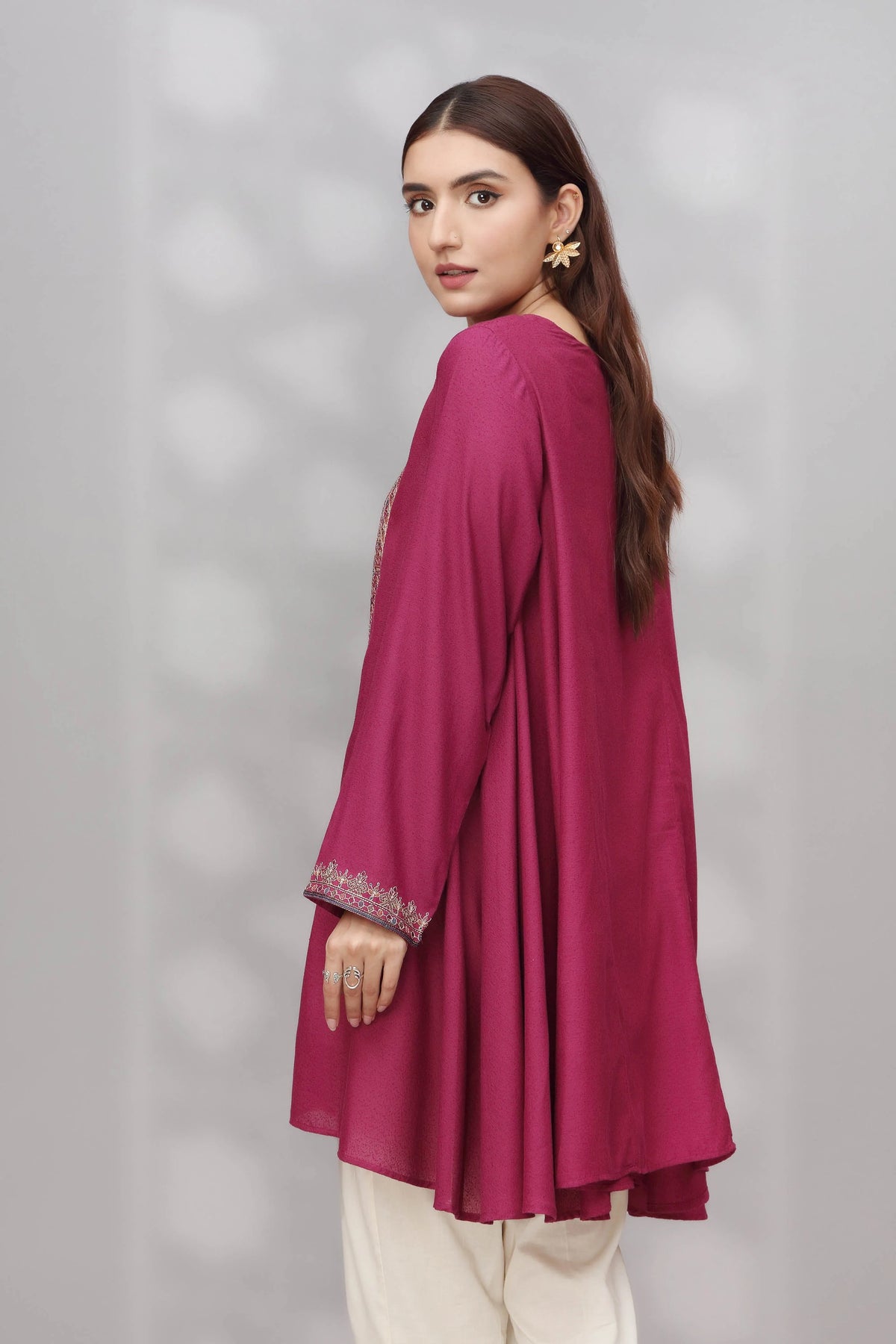 Rear view of the Amaranth Purple lawn karandi shirt by Chinyere, a must-have in Pakistani suits online in Canada.