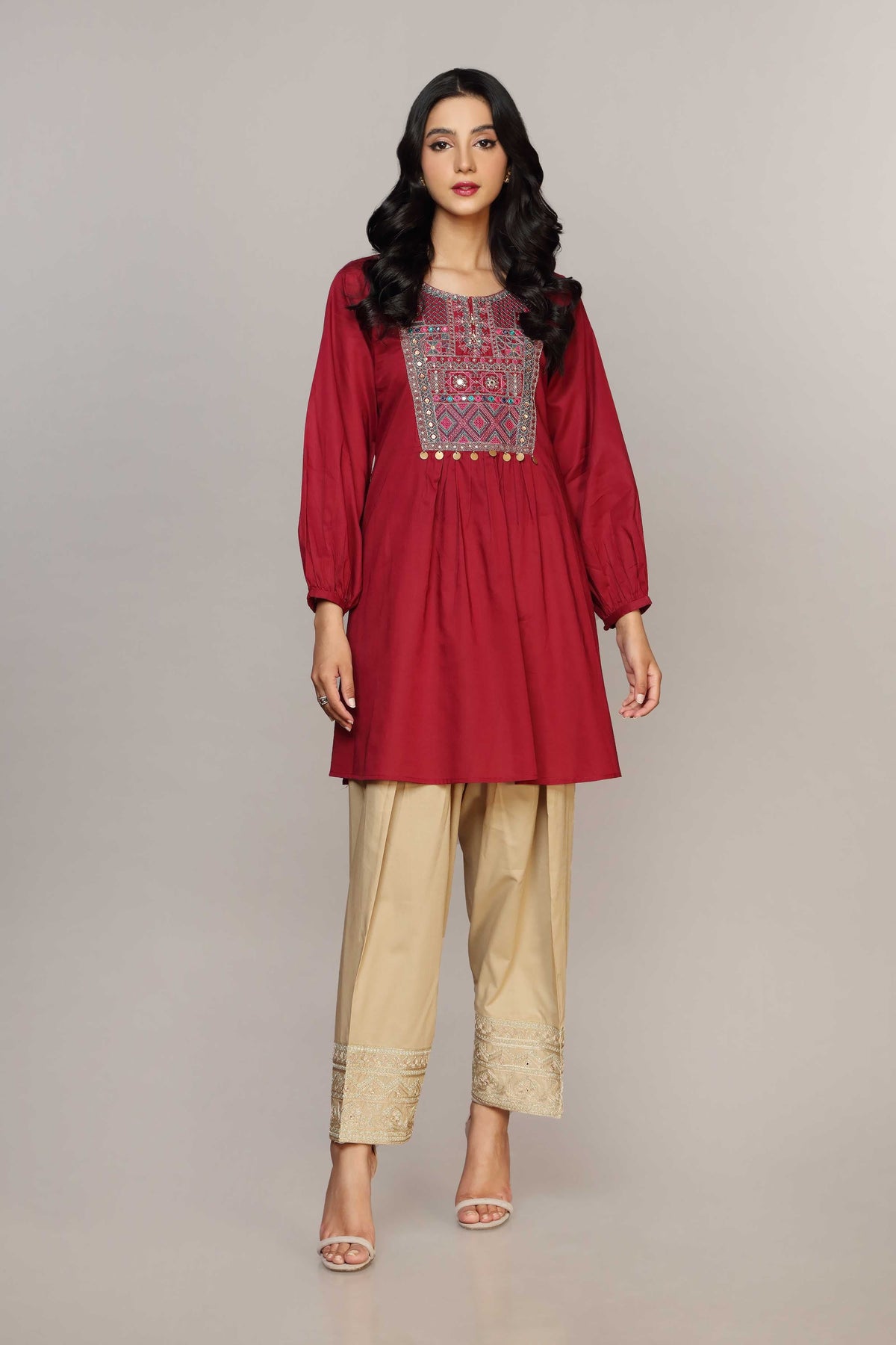 Chinyere ruby red lawn shirt – a stylish choice for Pakistani suits online in Canada, made with soft lawn fabric.