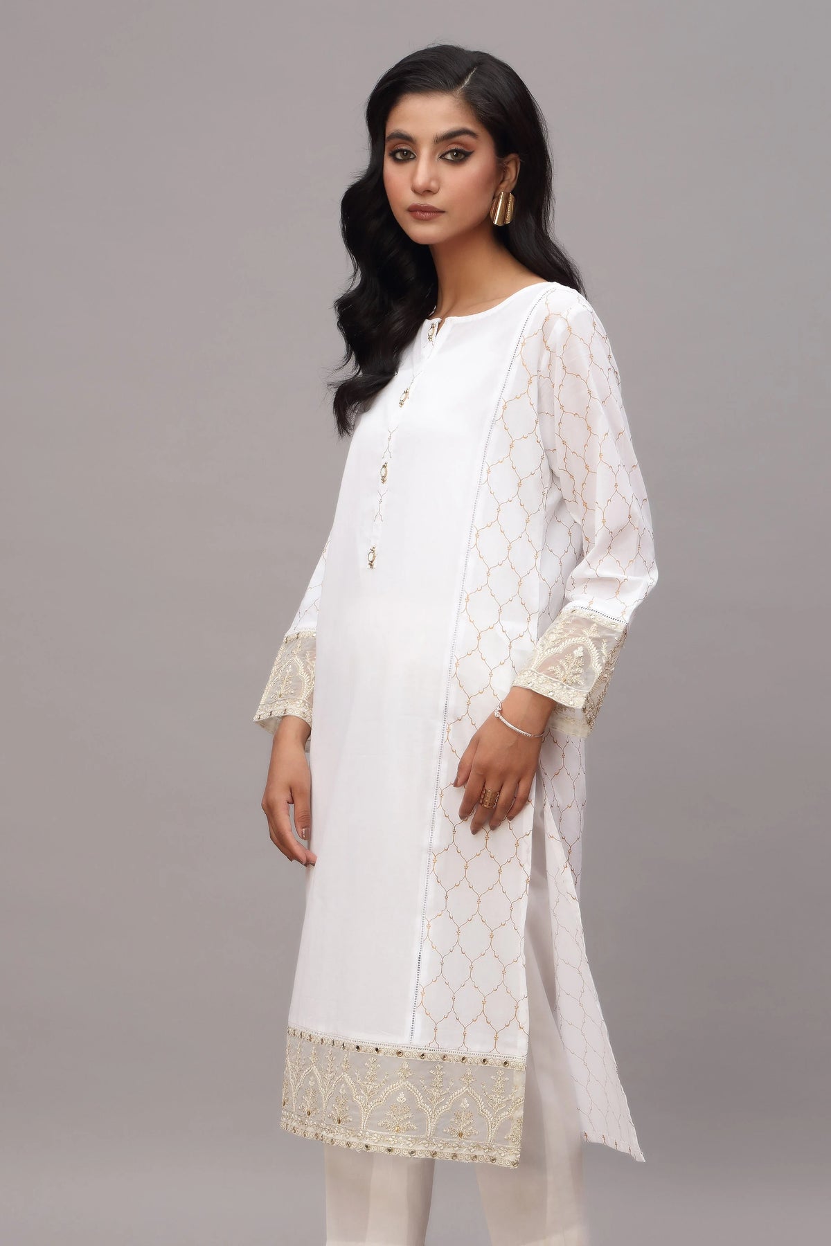 Side profile of the Chinyere white printed lawn shirt, showcasing the elegant printed fabric, perfect for Pakistani suits Canada.