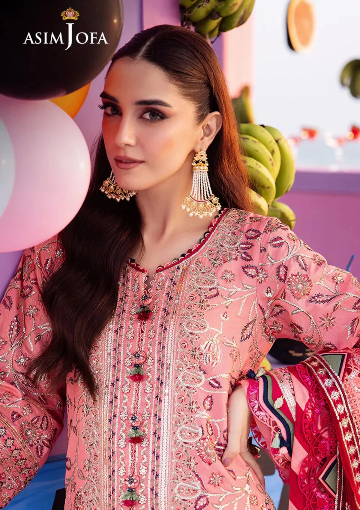 Traditional Pakistani clothing - Pink Embroidered 3 Pc Lawn Outfit by Brand Asim Jofa