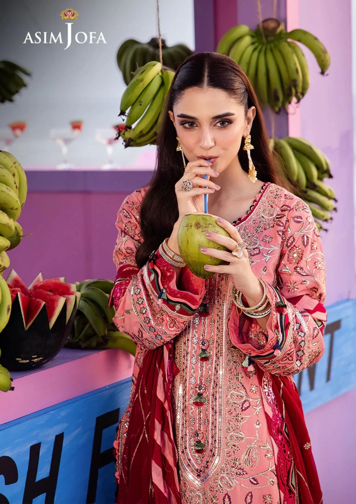 Traditional Pakistani clothing - Pink Embroidered 3 Pc Lawn Outfit by Brand Asim Jofa