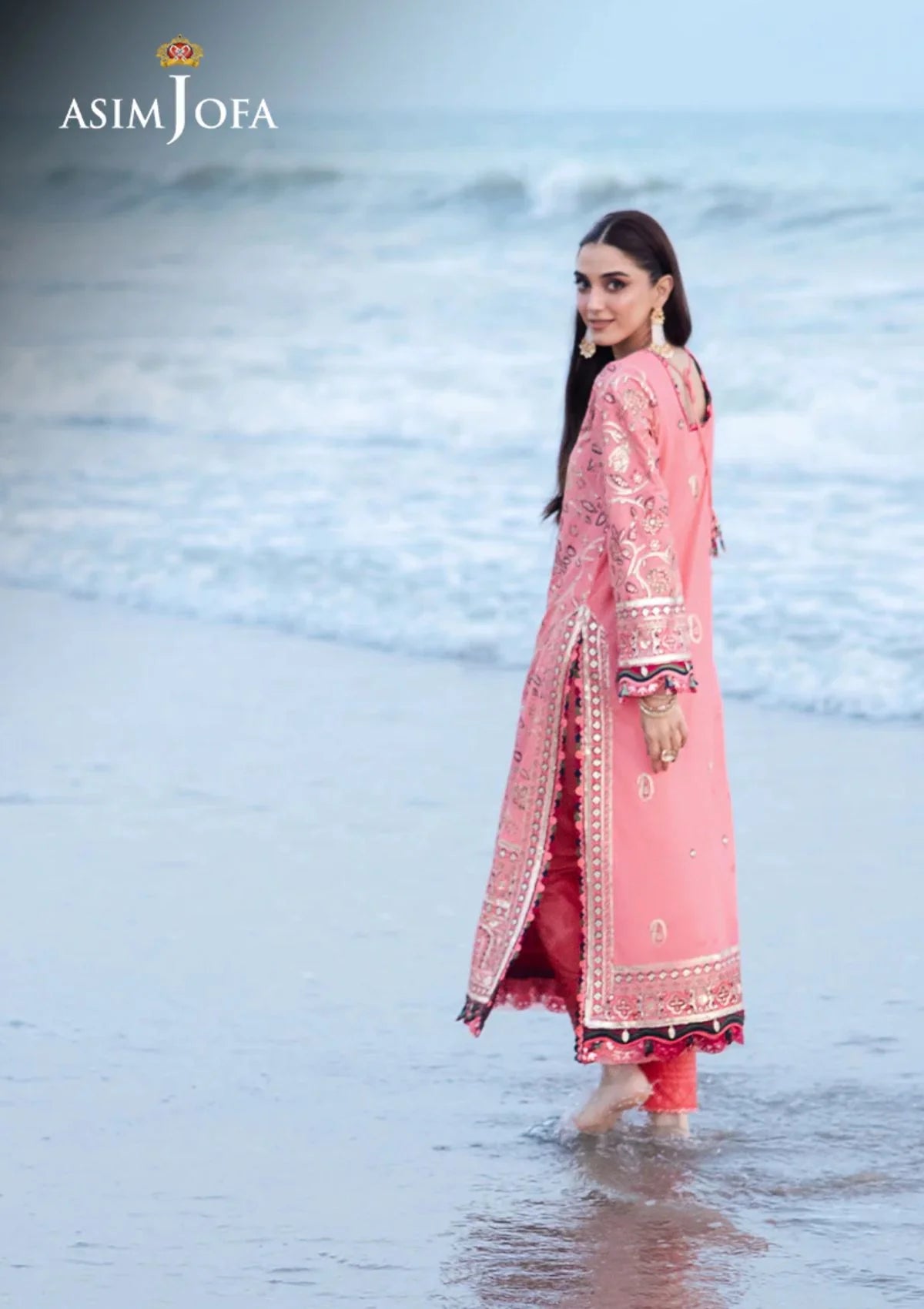 Traditional Pakistani clothing - Pink Embroidered 3 Pc Lawn Outfit by Brand Asim Jofa