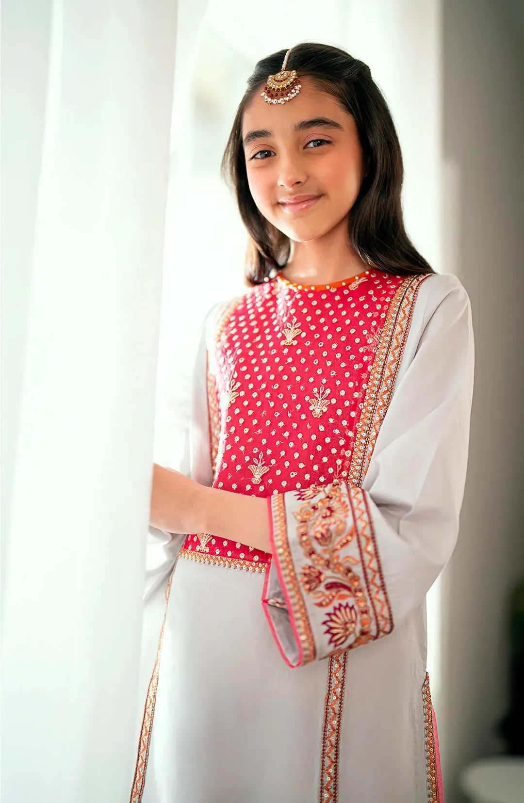Light grey Maryum & Maria kids' lawn suit with a comfortable cotton trouser, perfect for Pakistani suits for kids.