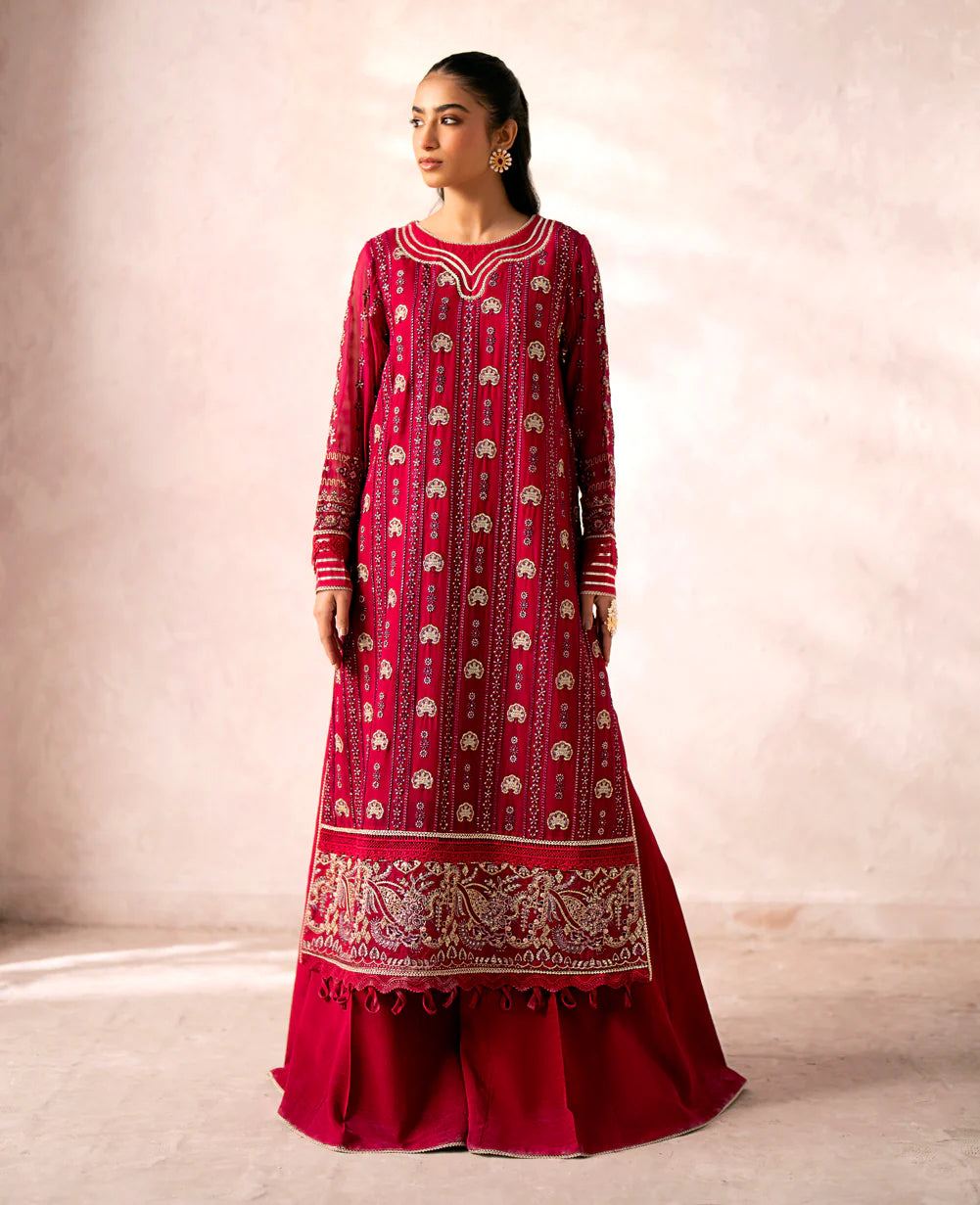 women wearing an Elegant red embroidered chiffon suit from Xenia – a top choice for Pakistani suits online in Canada, featuring a beautifully detailed design.