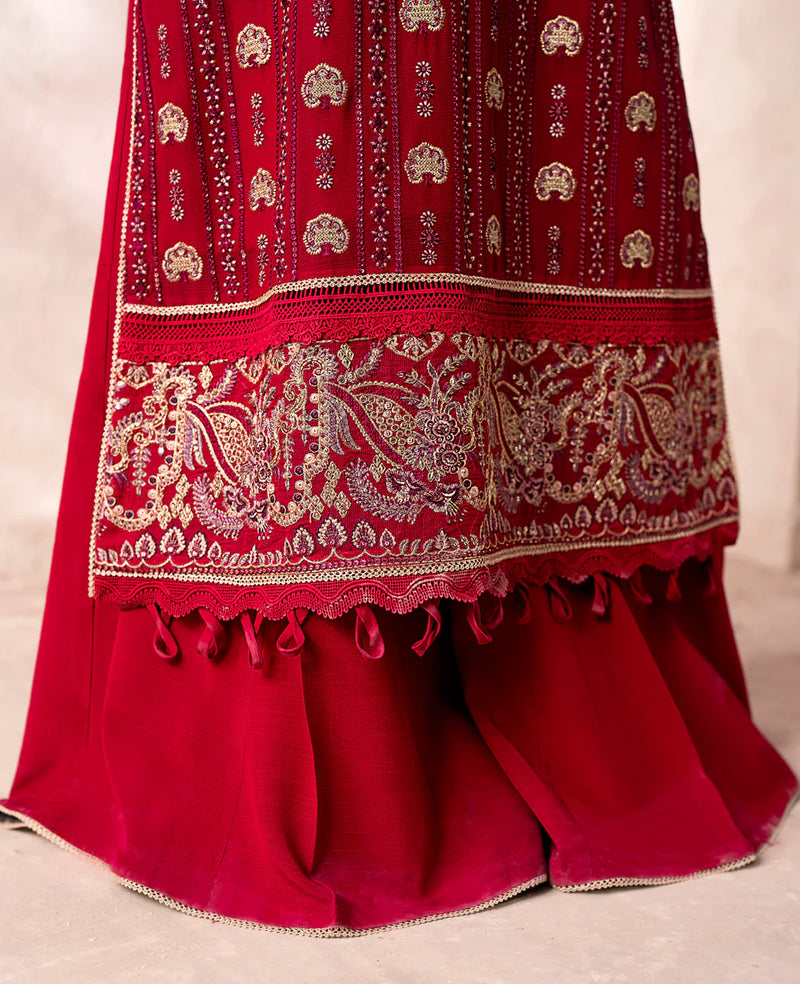 Shop premium Pakistani suits in Canada with this stunning red chiffon 3 PC suit from Xenia, perfect for formal occasions.