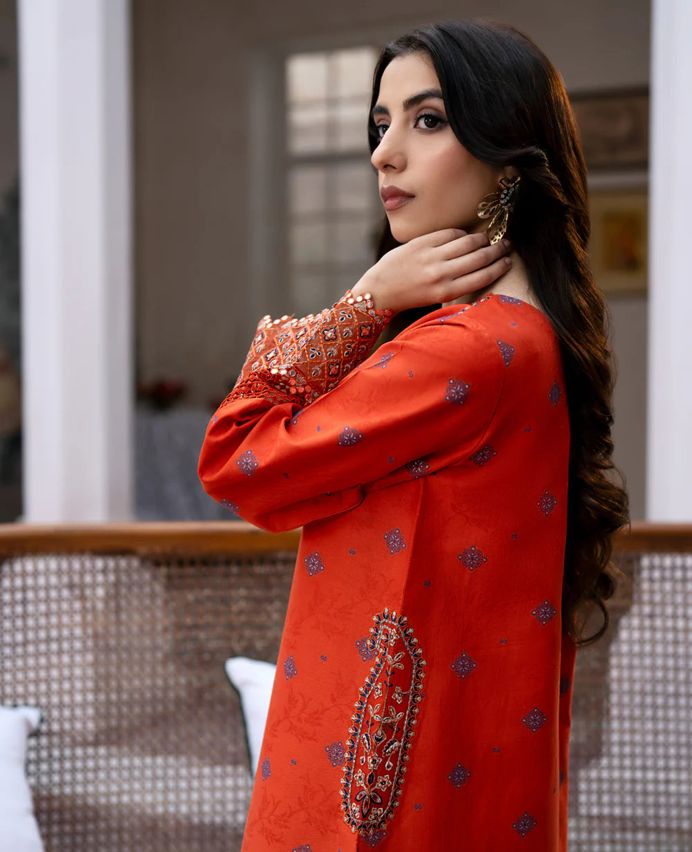 Detailed embroidery of sleeves of the Xenia Terre lawn jacquard suit, highlighting the intricate patterns and quality craftsmanship of Punjabi suits in Canada.