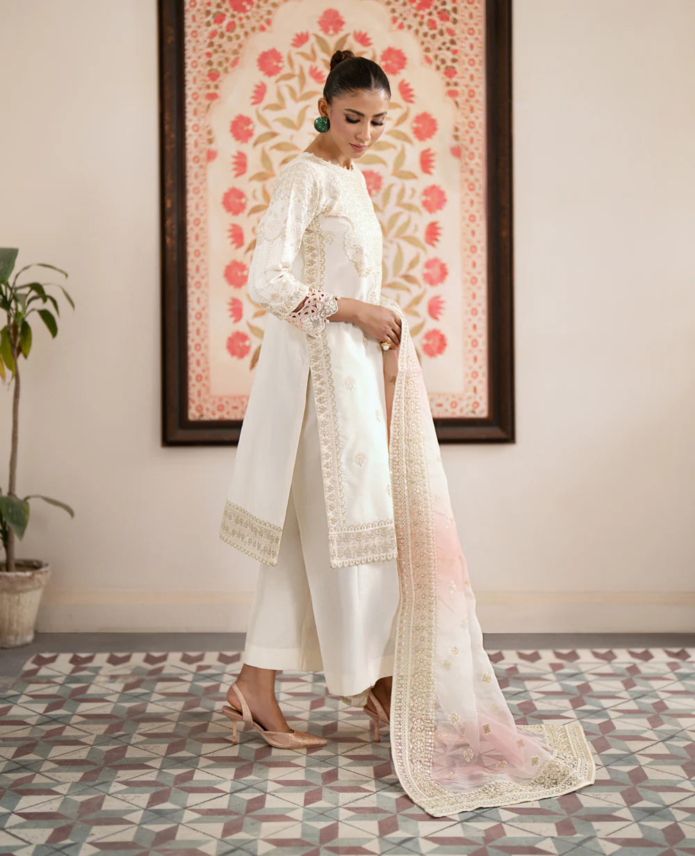 Korean Raw Silk Embroidered Shirt with Shaded Organza Dupatta and Raw Silk Trousers - Traditional Pakistani Clothing