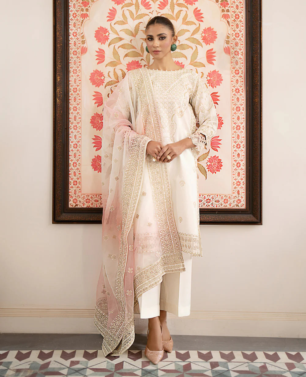 Korean Raw Silk Embroidered Shirt with Shaded Organza Dupatta and Raw Silk Trousers - Traditional Pakistani Clothing