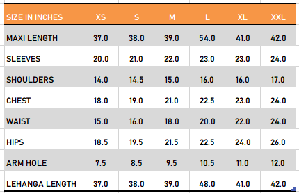 Measurement chart for clothing sizes in inches with labeled dimensions for Pakistani dresses maxi dress and lehenga