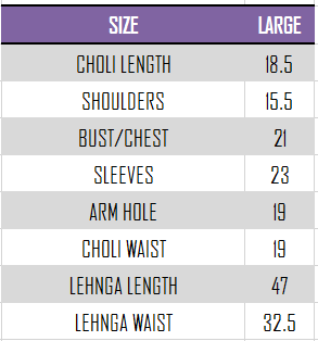 Measurement chart for a garment with sizes listed in inches saira rizwan pakistani dresses