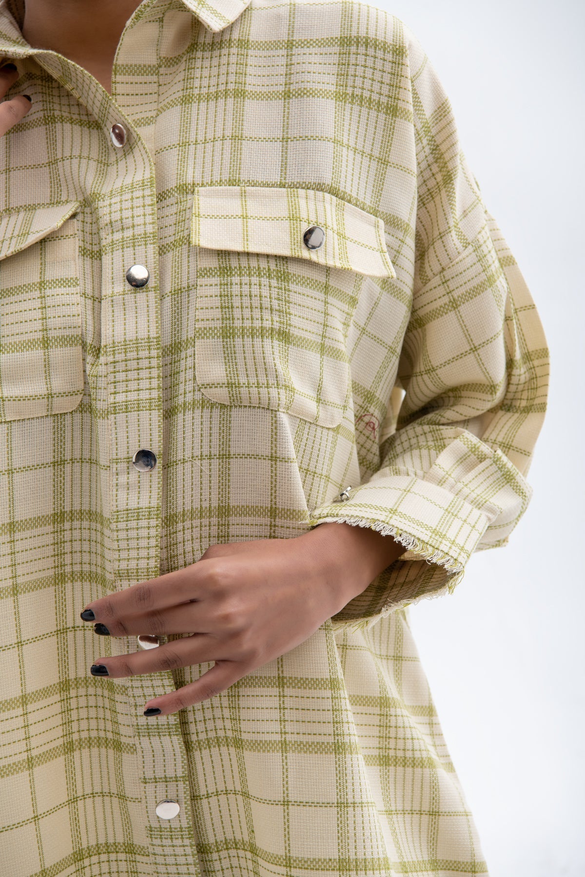 Close-up of the fabric texture, highlighting the high-quality cotton material in this elegant patch pocket shirt by BTW.