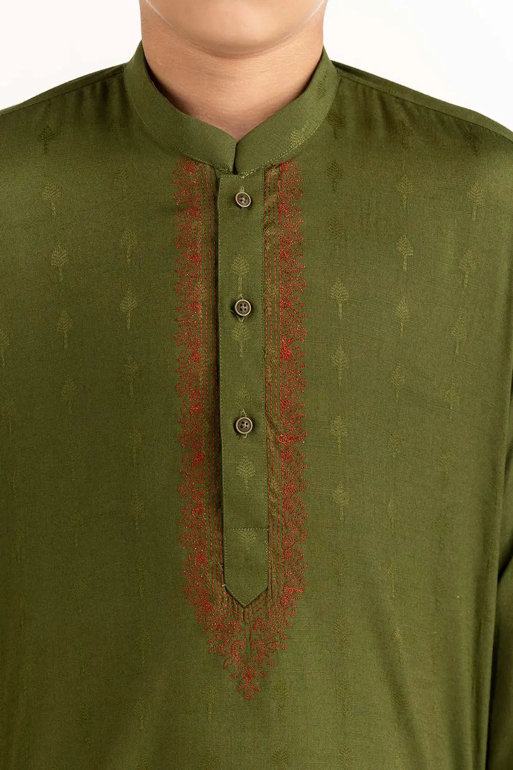 closeup pf Intricate embroidery on the GulAhmed algae green kurta, showcasing fine craftsmanship. A must-have in Pakistani suits for kids.