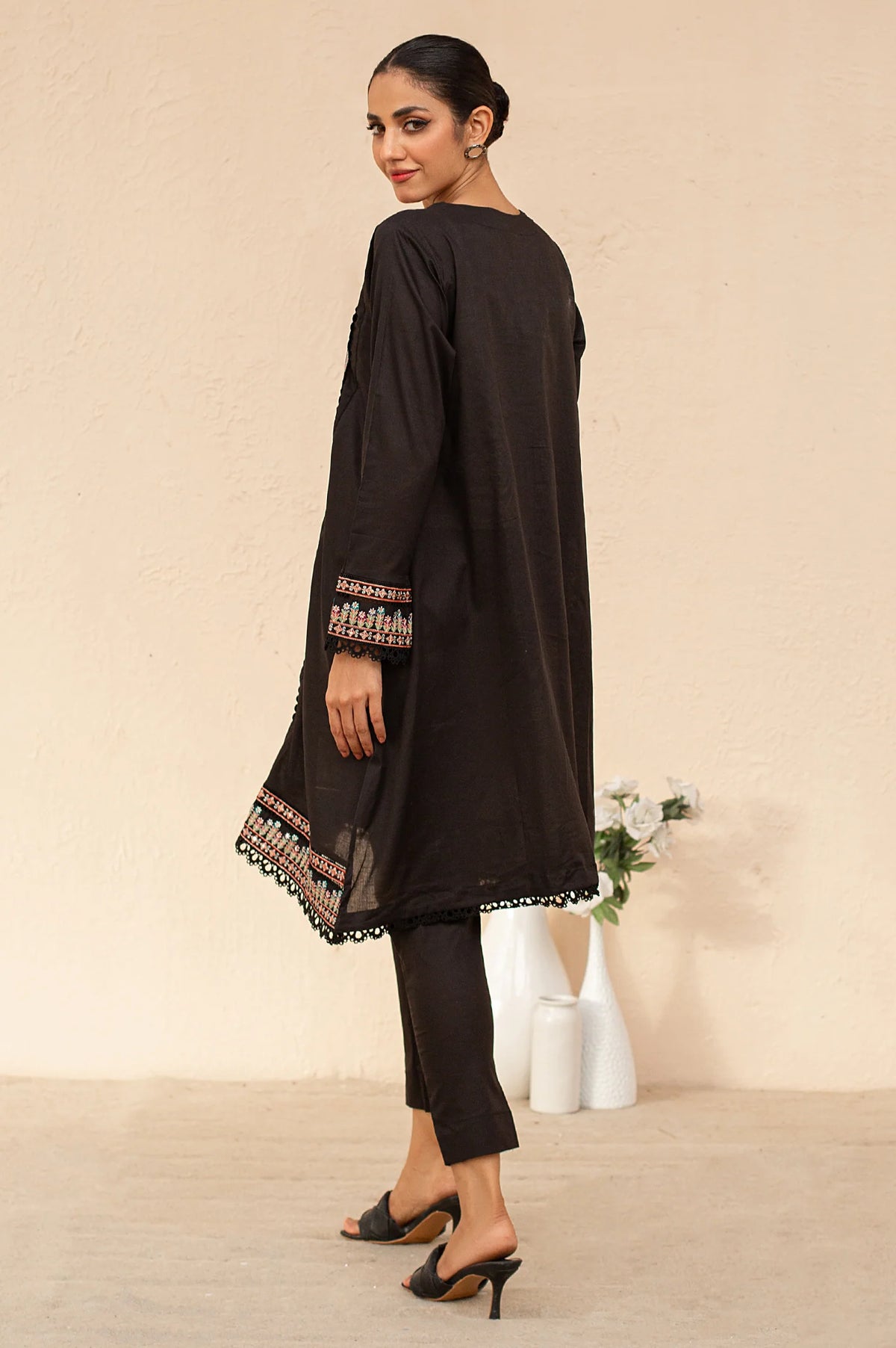 Brand Diners back view of coffee black embroidered lawn 2-piece suit - complete outfit with matching trousers